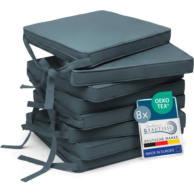 Beautissu Loft SK - Set van 8 Stoelkussens met Linten Zitkussen 45x40x5 cm - Zitkussens voor Stoelen Non-Slip met Afneembare Kussenhoes - Kussen Blauw-Grijs Blauw-Grijs 8x