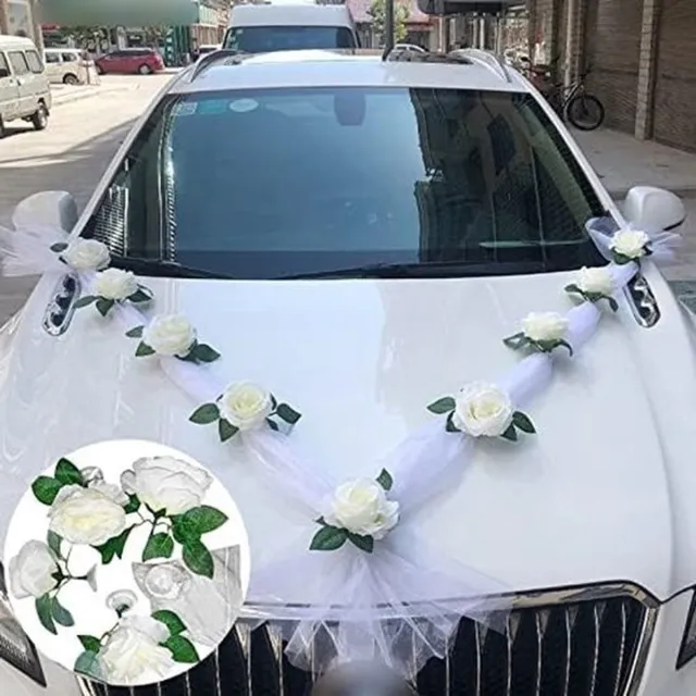 Mrilary Bloemendecoratie voor de trouwauto - Kunstmatige satijnen lintbloemen, decoratieset voor de voorste auto, beschadigt de lak niet, bloemenkrans en satijnen strikken, elegante decoratie voor de trouwauto voor de bruid (wit)