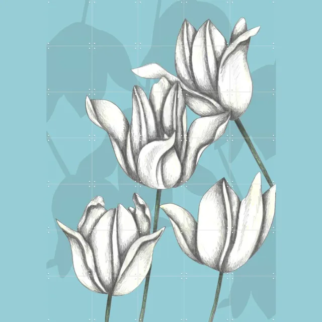 IXXI White Tulips, Cecilia Battaini - 100 x 140 cm - Grote wanddecoratie en posters - Line art, Minimalisme, Tekeningen, Illustraties, Eetkamer, Gang Blauw