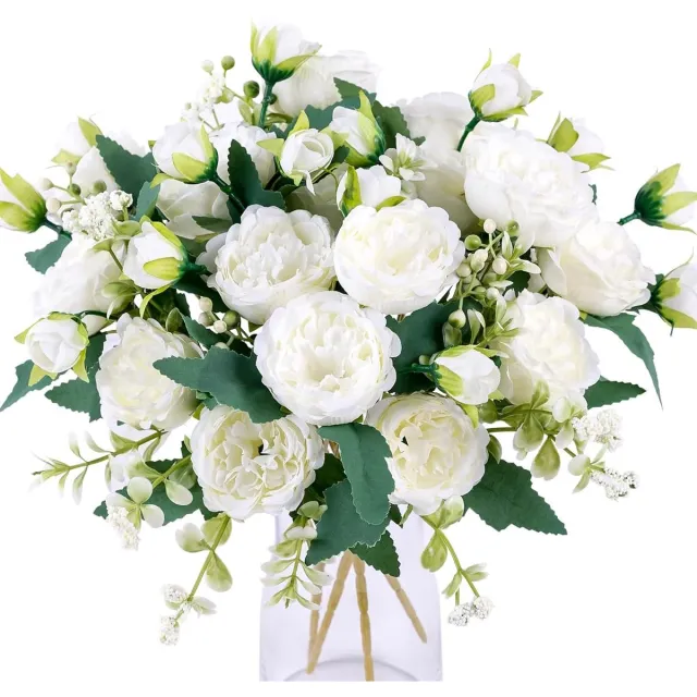 PromoHome 4 Bundels Kunstmatige Pioenrozen - Witte Bloemen Zijde Pioenen Boeketten - Boeketten voor Bruiloft, Tafelstuk en Bloemstuk - Hoogwaardige Kunstbloemen voor Thuisdecoratie