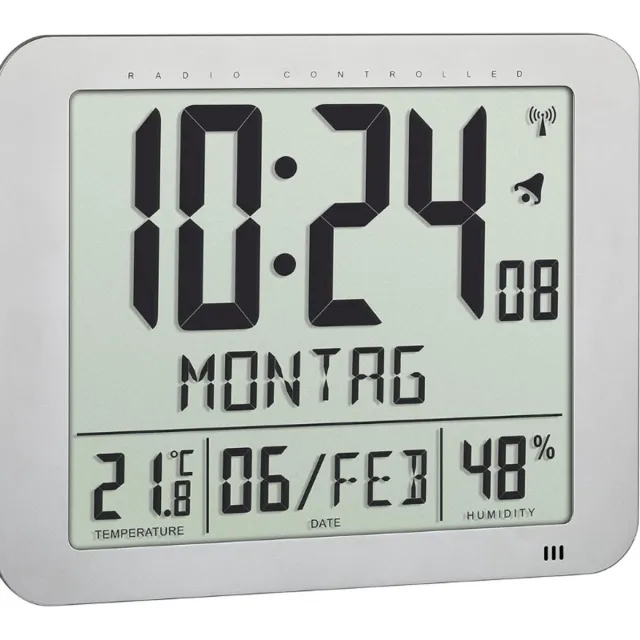 TFA Dostmann Digitale Radiografische Klok Met Binnenklimaat - Spreekfunctie Weekdag In 10 Talen - Dubbel Alarm Met Snooze - Tafel En Wandklok - Zilver GRIJS