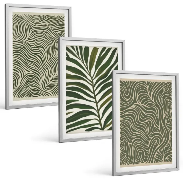 Coloray 3-Delige Schilderij Set - Abstracte Patronen Met Bladeren En Golvende Vormen - 40 x 60 cm - Decoratieve Schilderijen - Woonkamer - Interieur - Muurdecoratie Zilveren lijst