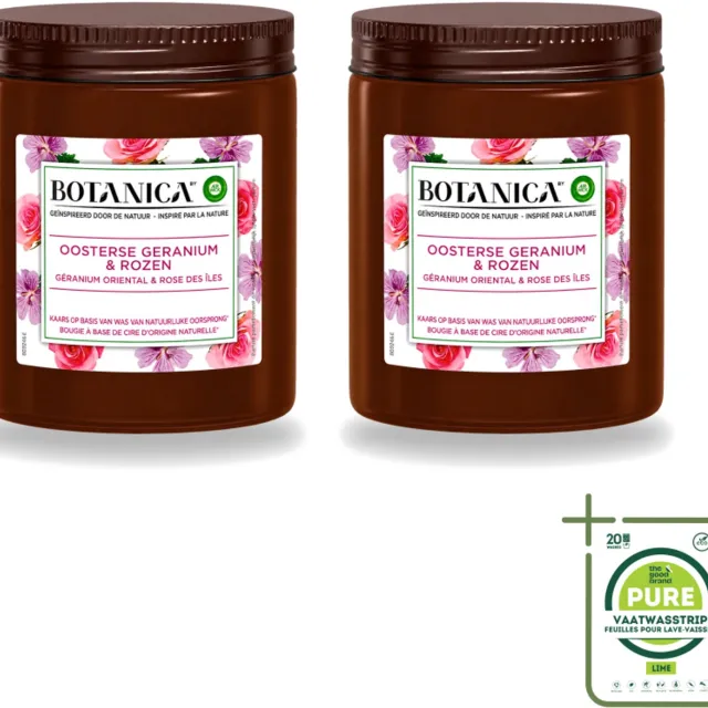 Air Wick 2 x Botanica by Air Wick - Geurkaars - Geranium & Rozen - 40 Uur Brandduur - Grootverpakking - Vaatwasstrips - Geurkaars - Geranium En Rozen - 40 Uur Branden - Natuurlijke Geur - Bloemige Geur Wit