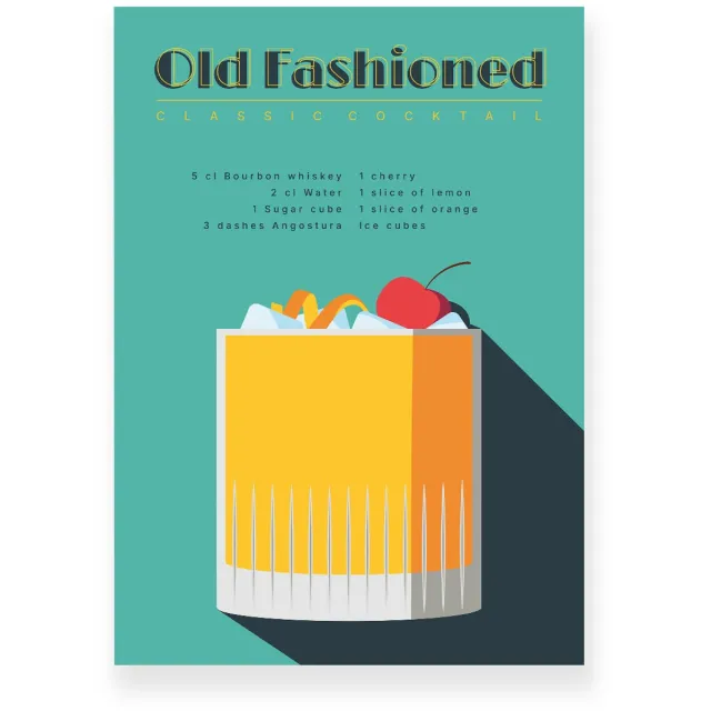 Yisual Poster 30x40 cm - Old Fashioned - Cocktail Recept - Geel - Groen - Retro - Art deco - Muurdecoratie - Wanddecoratie