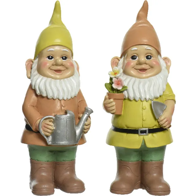 Decoris Tuinkabouter set 2x - tuinierende kabouters - kunststeen - H29 cm Groen