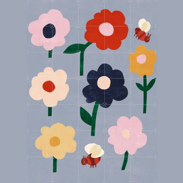 IXXI Flowers & Bees, Lotte Dirks - 100 x 140 cm - Grote wanddecoratie en posters - Pop art, Speels, Grafisch Ontwerp, Illustraties, Woonkamer Roze / Blauw