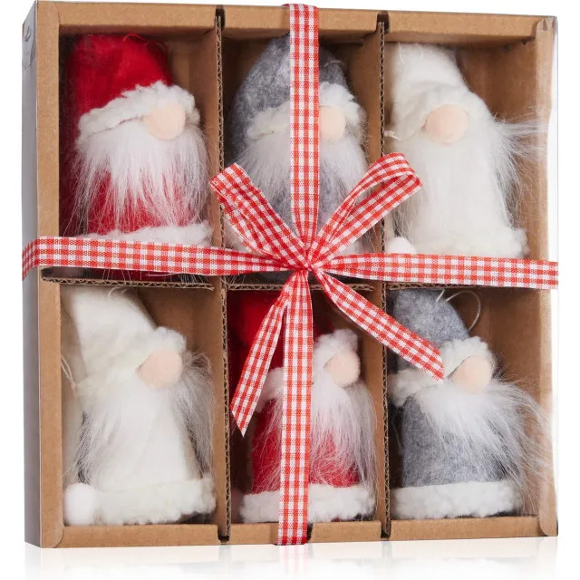 Brubaker 6-Delige Set Kerstkabouters van Hout en Gebreid - Boomhanger Kerstkabouters - Kersthanger Kabouter Groot - 9 cm Boomdecoratie Kerstkabouter in Geschenkverpakking 6-delige dwergen set