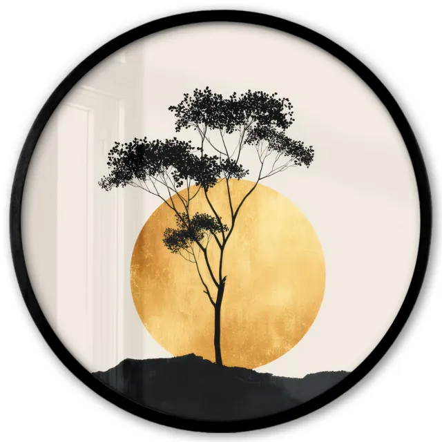 FrameYourWall Poster in lijst Rond - Fotolijst 40x40 cm - Posters - Zwarte boom - Gouden cirkel - Heuvel - Ronde posterlijst zwart - Decoratie - Wanddecoratie woonkamer - Muurdecoratie slaapkamer Boom - Cirkel - Heuvel