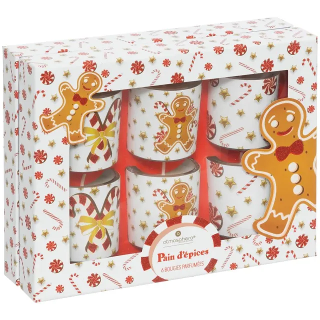 Feeric lights & Christmas Set van 6 geurkaarsen van 40 gr met glazen pot met peperkoekprint Rouge