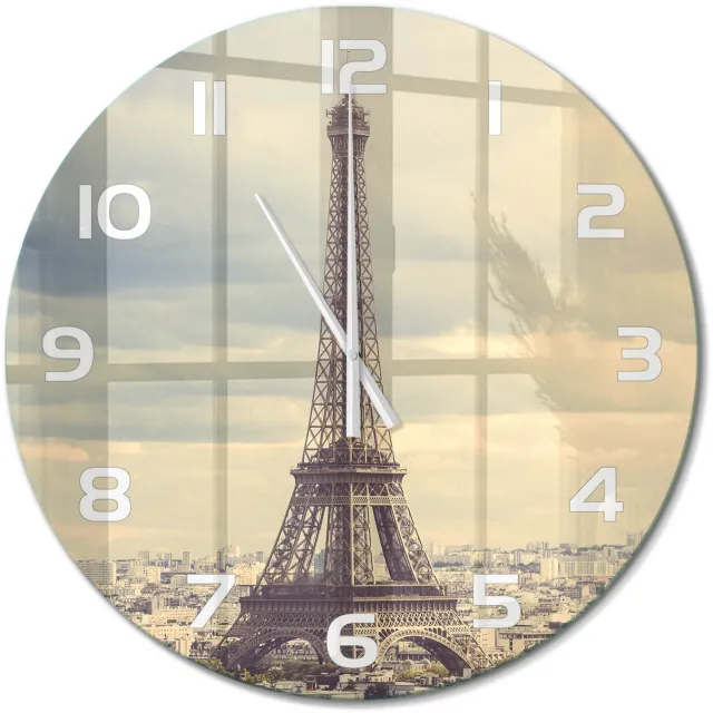 TULUP Wandklok - Eiffeltoren Parijs Glazen Wandklok Design - fi60 cm - Beige Klok Glas Met Opdruk - Witte handen - Ronde Klok - Wandklok Glas Met Motief - Decoratieve Glazen Klok