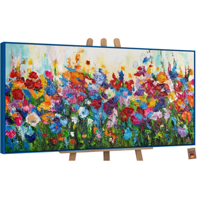 YS Canvas schilderij groot handgeschilderd bloemenkleuren botanisch uitbundig – YS-Art Gallery – Vrolijke wanddecoratie voor woonkamer – Modern schilderij voor slaapkamer en hal Blue