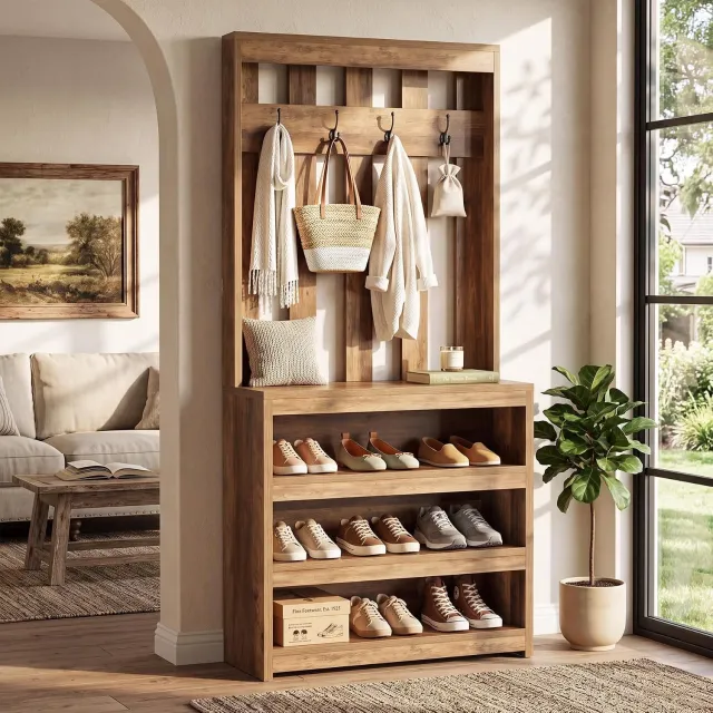 Tribesigns 180 cm Hoge Halgarderobe met 4 Haken - Kapstok met Schoenenopbergruimte - Open Schoenenrekken met 3 Niveaus - Bruin