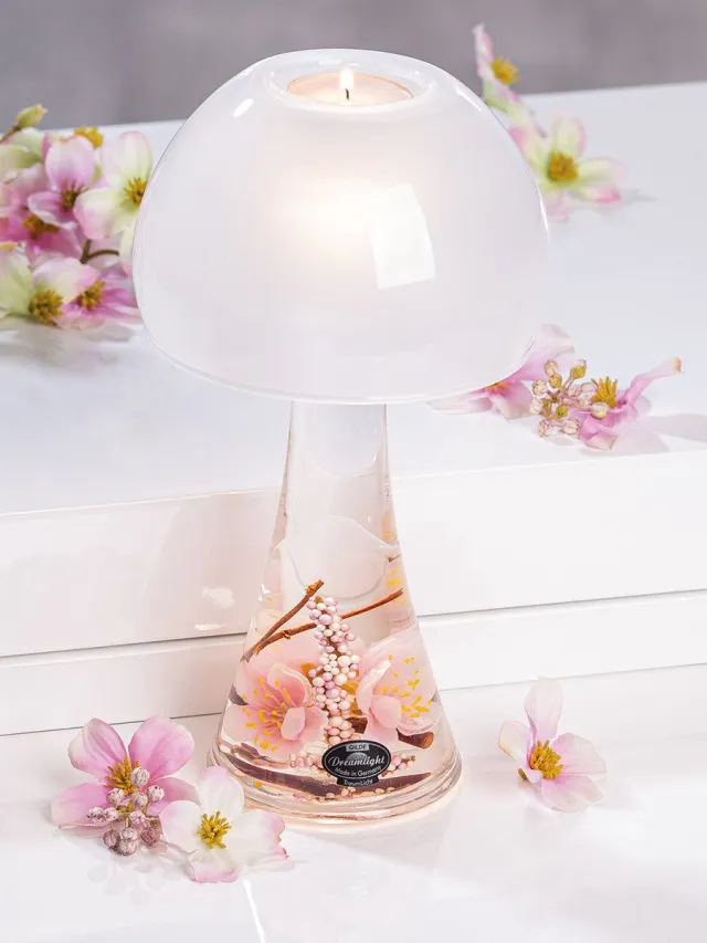 Rawa Geschenken Waxinelichthouder met zalm rose uitstraling en ledlamp – Glas met bloemen – 12x12x23 cm | Luxe Decoratie