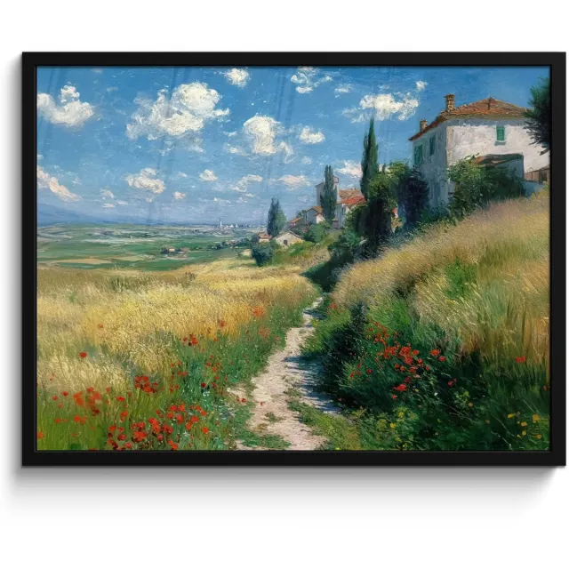 FrameYourWall Poster in lijst - Fotolijst 80x60 cm - Posters - Zandpad - Huis - Bomen - Grasveld - Posterlijst zwart - Decoratie - Wanddecoratie woonkamer - Muurdecoratie slaapkamer