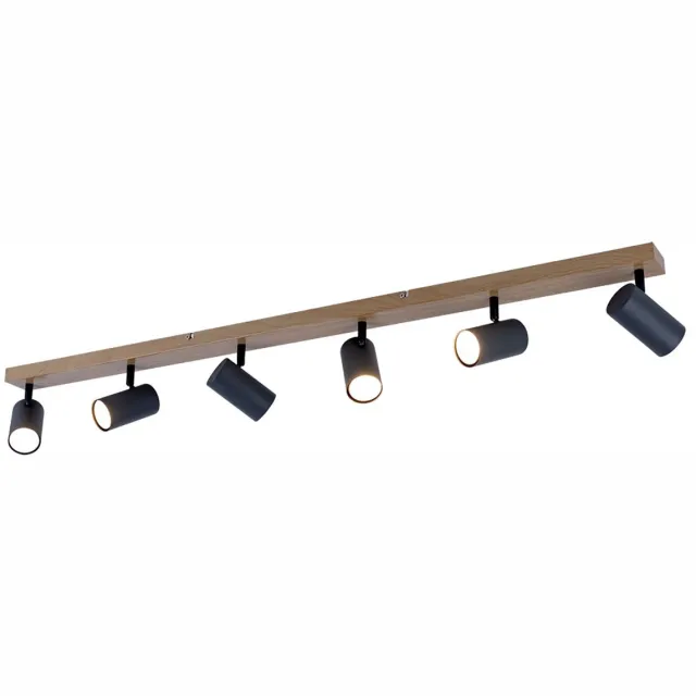 Globo Lighting Plafondlamp hout spot 6 vlammen, spots beweegbaar landhuisstijl, metaal grafietbruin, 6x GU10 stopcontacten, LxBxH 115x6x12cm