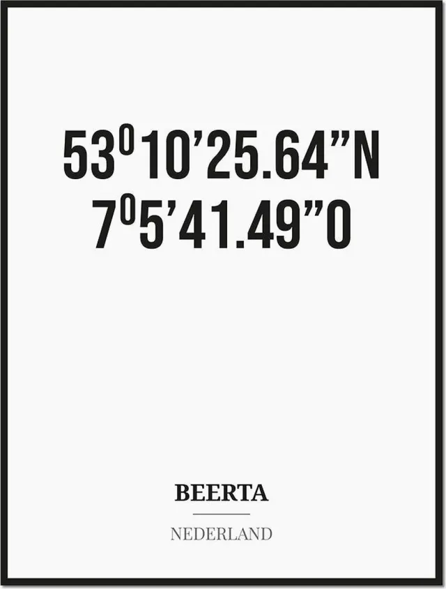 Studio216 Poster/kaart BEERTA met coördinaten zwart, wit