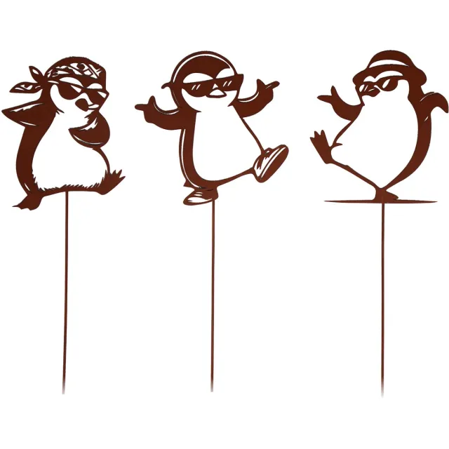 UNUS Tuinsteker Pinguins van metaal in roestlook Bruin