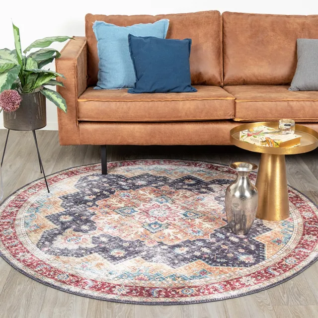 Fraai Rond Vintage vloerkleed - Azara Blauw/Rood