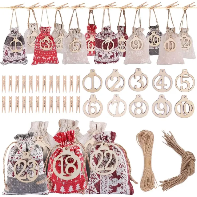 PZCC Adventskalender - 24-delige kerst adventskalender set - Adventskalender Zakjes 24-delig – Herbruikbare Jute Zakjes in 2 Maten met Houten Knijpers en Cijferlabels – DIY Kerstdecoratie - 17.5 × 12.5 cm en 14 × 10 cm Rood
