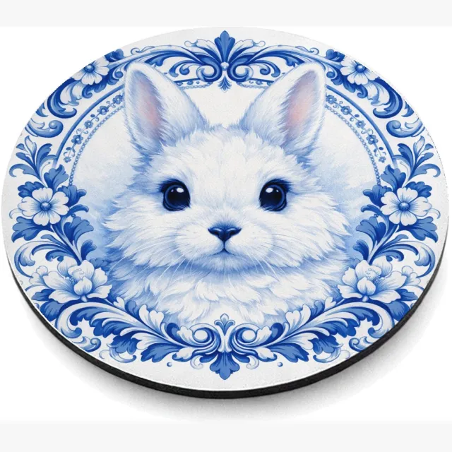 Mr Cadeautjes MDF magnetische fotolijst rond Ø 9,5 - design Een speels konijnportret met een klassieke krans van vintage | cadeau Wit