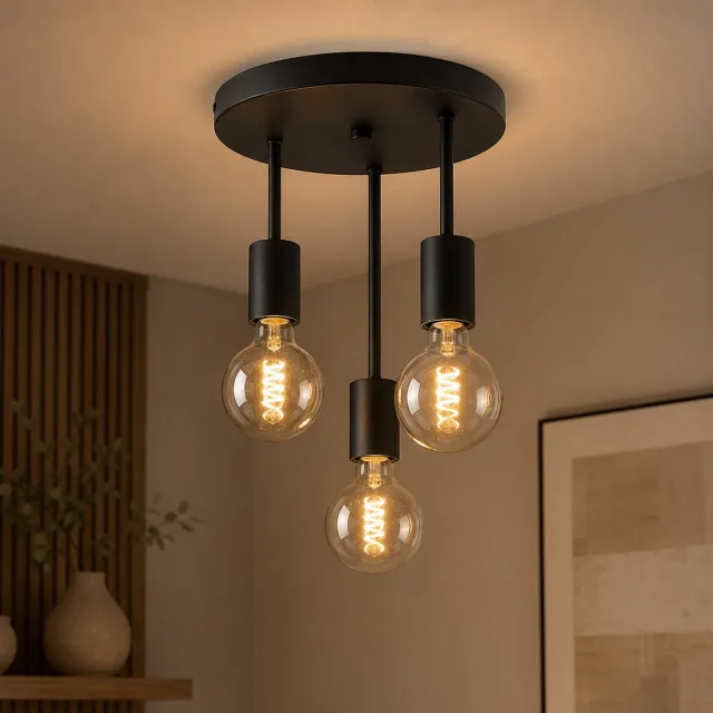 WoonWonder Aislinga Plafondlamp - Plafonniere - 3x E27 Lamp - Industrieel - ⌀ 20cm - Zwart