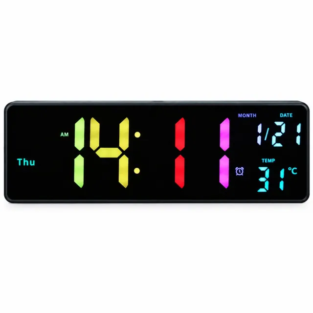SWGOTA Digitale LED-wandklok met kleurverloop, datum, weekdag en temperatuurweergave, rechthoekig en stil Zwart