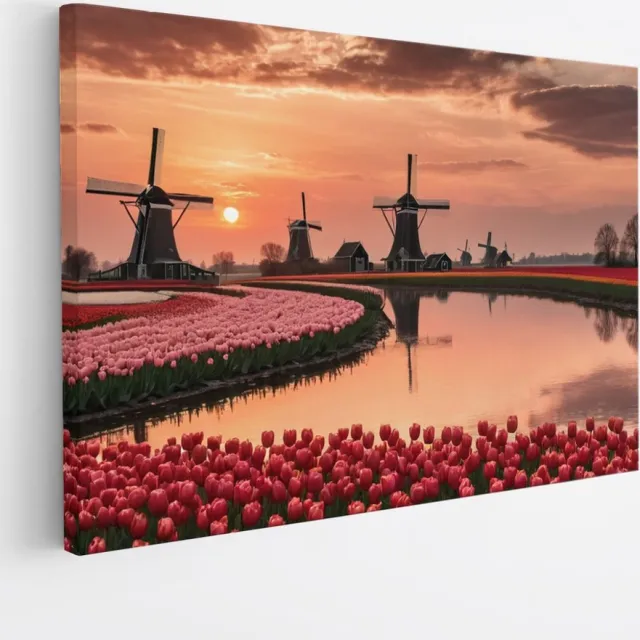Saammp Canvas Schilderij - Landschap - bloemenveld met molens - Natuur - 40x30 - Foto op canvas - Wanddecoratie - Muurdecoratie Woonkamer - Slaapkamer decoratie - Canvas Print Multicolor