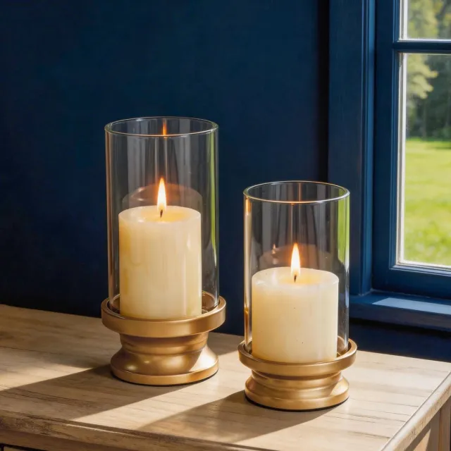 Famanu Set van 2 gouden kaarshouders voor pilaar- en stompkaarsen met heldere glazen huls, decoratieve standaards