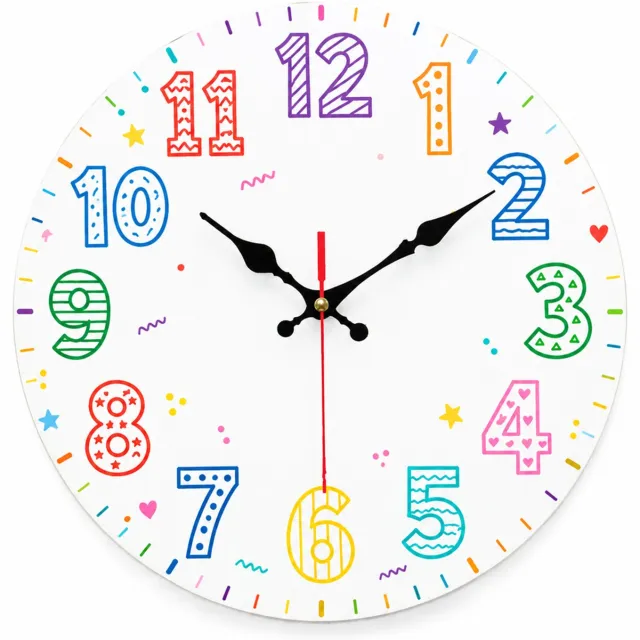 SWGOTA Ronde houten wandklok 30 cm met stil uurwerk, gekleurde cijfers en vlakke print voor slaapkamer en woonkamer Multicolor