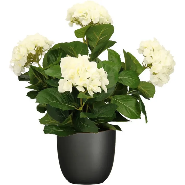 Mica Decorations Hortensia kunstplant/kunstbloemen 45 cm - wit - in pot zwart mat - Kunst kamerplant