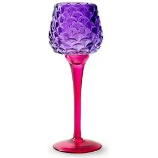 Jodeco Glass Theelichthouder op voet 'pinecone' paars fuchsia h22 d8 cm fuchsia/paars