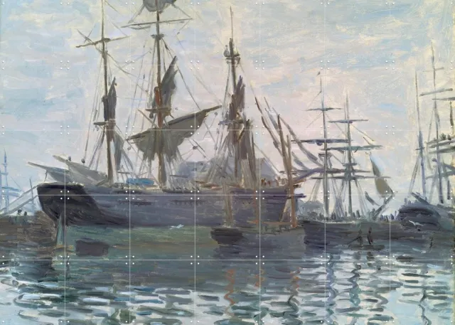 IXXI Ships in a Harbor, Claude Monet & Museum of Fine Arts Boston - 140 x 100 cm - Grote wanddecoratie en posters - Schilderijen, Olieverf Blauw / Koele tinten / Grijs