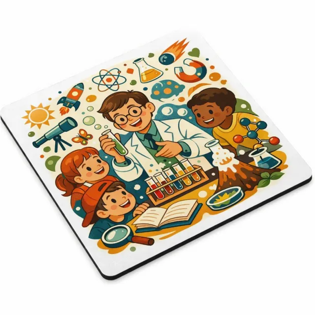 Mr Cadeautjes MDF magnetische fotolijst vierkant 9,5 - design Een energieke wetenschapsscène met buitenproeven en een spee | cadeau Wit