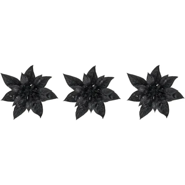 Cosy & Trendy Decoratie bloem - 4x stuks - kerstster - op clip - zwart - glitter -15 cm - kunststof - kerstversiering