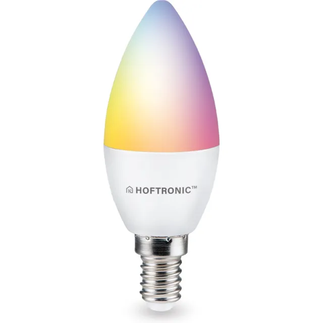 HOFTRONIC SMART E14 smart lamp - LED - Besturing via app - WiFi - Bluetooth - Dimbaar - Slimme verlichting - C37 - 5.5 Watt - 470 lumen - 230V - 2700-6000K - RGBWW - 16.5 miljoen kleuren - Kleine fitting - Compatibel met alle smart assistenten