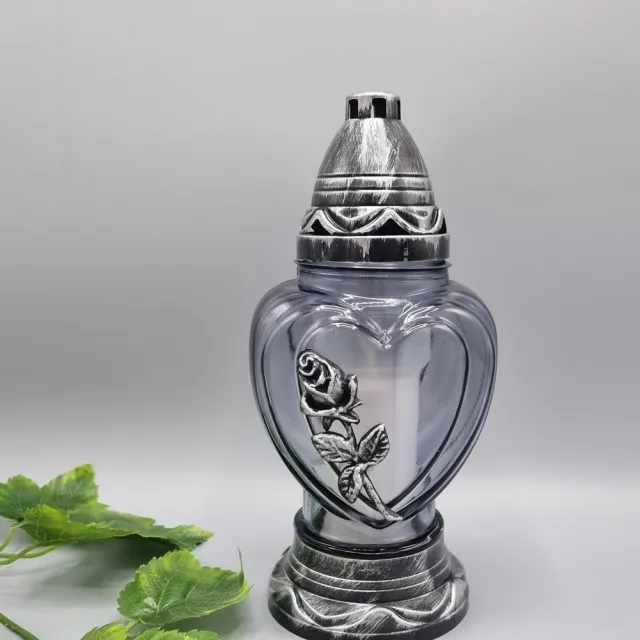 Herdenkinglichjtjes Herdenkingslicht - P39 - Zilver - Grijs glas - Roos - Grafkaars – Graflicht – Graflantaarn