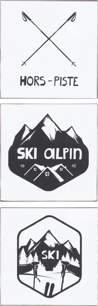J-Line plakkaat Vierkant Textiel + Afbeelding Ski - metaal - wit/zwart - 2 stuks
