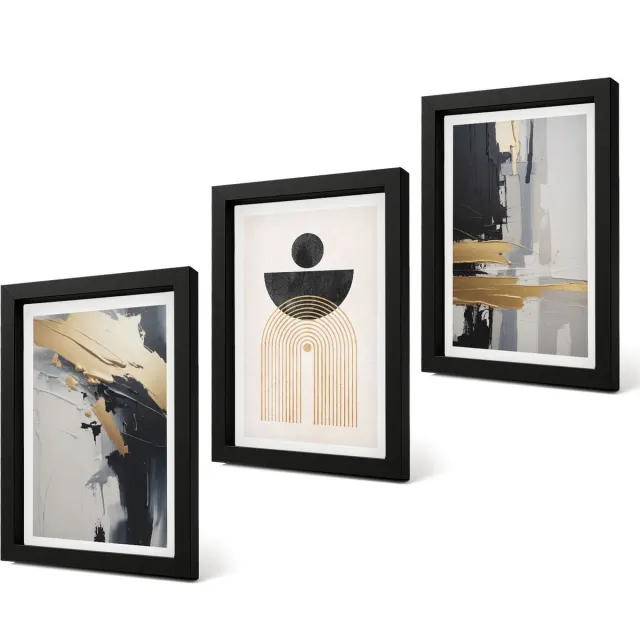 Coloray 4-Delige Schilderij Set - Geometrische abstracte elegante compositie - 20 x 30 cm - Muurdecoratie - Interieur Decoratie - Moderne Wanddecoratie zwarte lijst