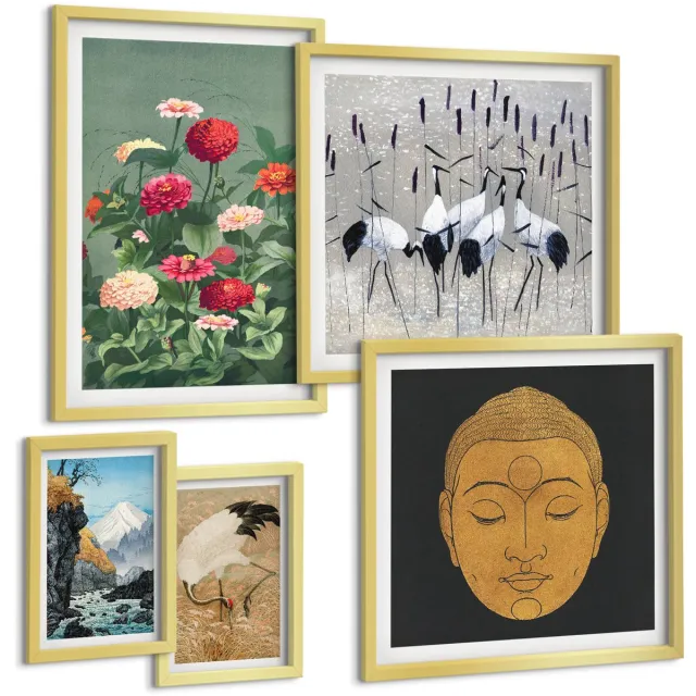 TULUP 5-Delige Schilderij Set - Aziatische landschappen met bloemen en boeddhistische symboliek - 50 x 50 cm, 20 x 30 cm en 40 x 60 cm - Muurdecoratie - Interieur Decoratie - Decoratieve Schilderijen Gouden lijst