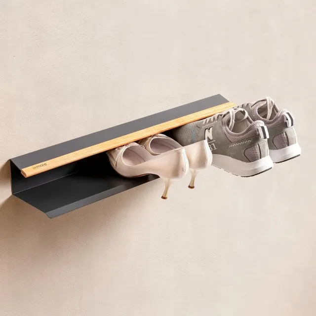 amore Modern ruimtebesparend slank muurhangend schoenenrek ingang metaal hout met 1 plank voor maximaal 3 paar schoenen Heavy Duty Slim Open (leisteengrijs) Zwart