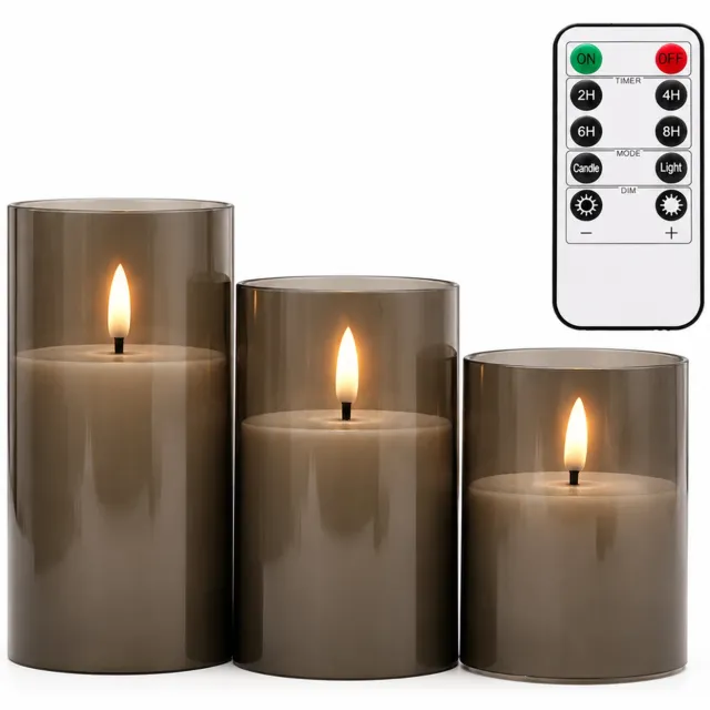 SWGOTA led kaarsen, 3 grijze kaarsen per doos met afstandsbediening, timer en dimfunctie, cilindervorm in verschillende hoogtes voor sfeerdecoratie Grijs
