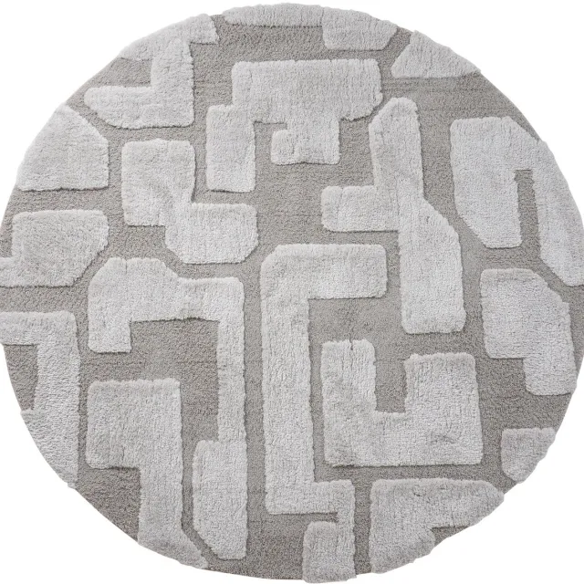 Veer Carpets Vloerkleed Liana Beige Rond ø160 cm - Design Hoog-Laag Vloerkleed met Grafisch Labyrint Patroon in Scandinavische / Japandi Stijl