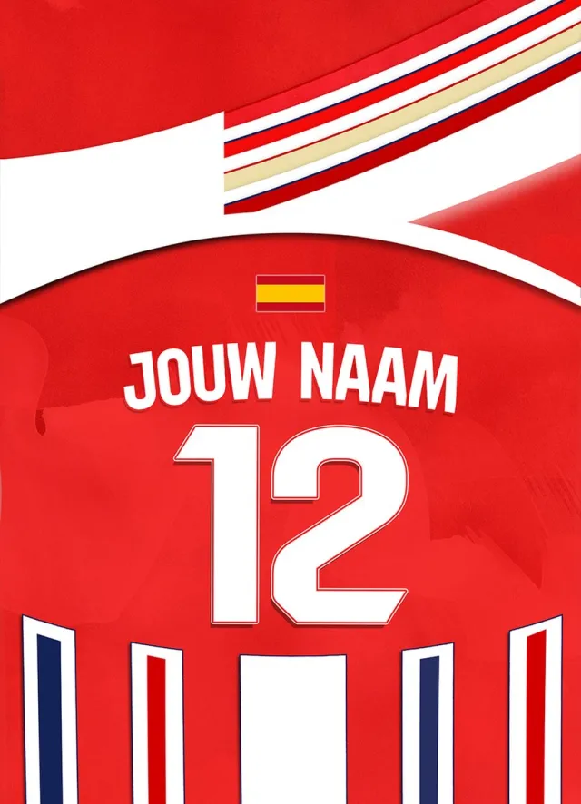 Atletico Madrid ingelijste poster met personalisatie - Met eigen naam en rugnummer - A2 formaat - 42x59.4 cm - Semi/ glossy papier - Voetbal shirt poster - Geïnspireerd op de kleuren van Atletico Madrid en een beetje fantasie Donkergrijze achtergrondkleur
