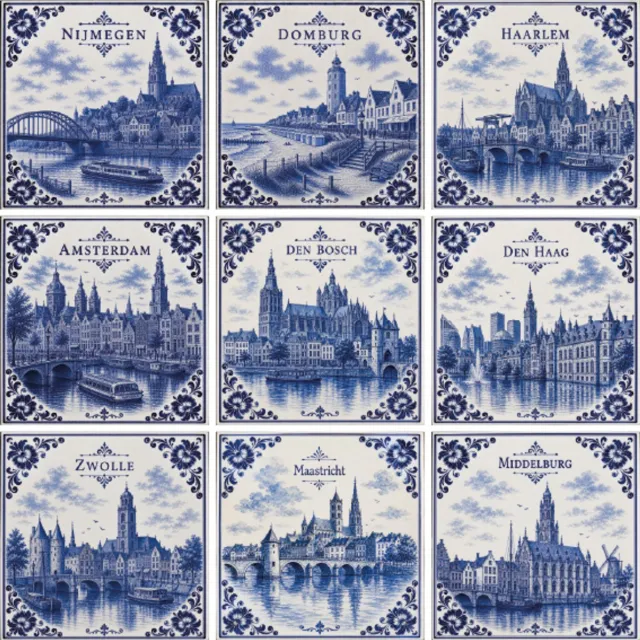 Tegelstickers Delfts Blauw Nederlandse steden (9 stickers) - 15cm x 15cm - backsplash - peel and stick - plakfolie - voor badkamer, keuken of toilet - zelfklevend blauw en wit