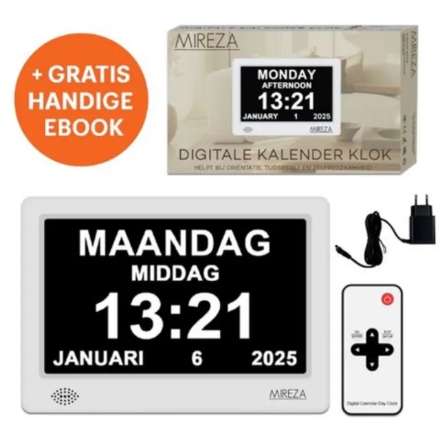 NewNurse Digitale Dementieklok Wit - Digitale Fotolijst- Kalenderklok voor ouderen - 7 inch - 18cm - Alzheimerklok - Seniorenklok - Slechtziendenklok - Alarmfuncties