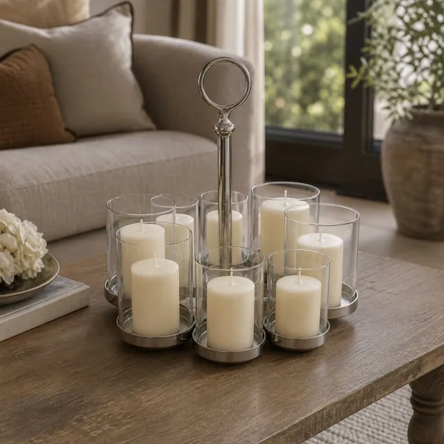 Hoppa! Windlicht - 8-Lichts Rond - Nikkel/Transparant - 38 x 38 x 34 (B x D x H)