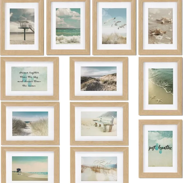 bomoe Ocean Set van 12 Fotolijsten Houten Picture Frames 12 x 13x18cm Kunststof glas Fotolijst van Hout - Metalen Ophanging - Standaard & Passepartout - EikenHout