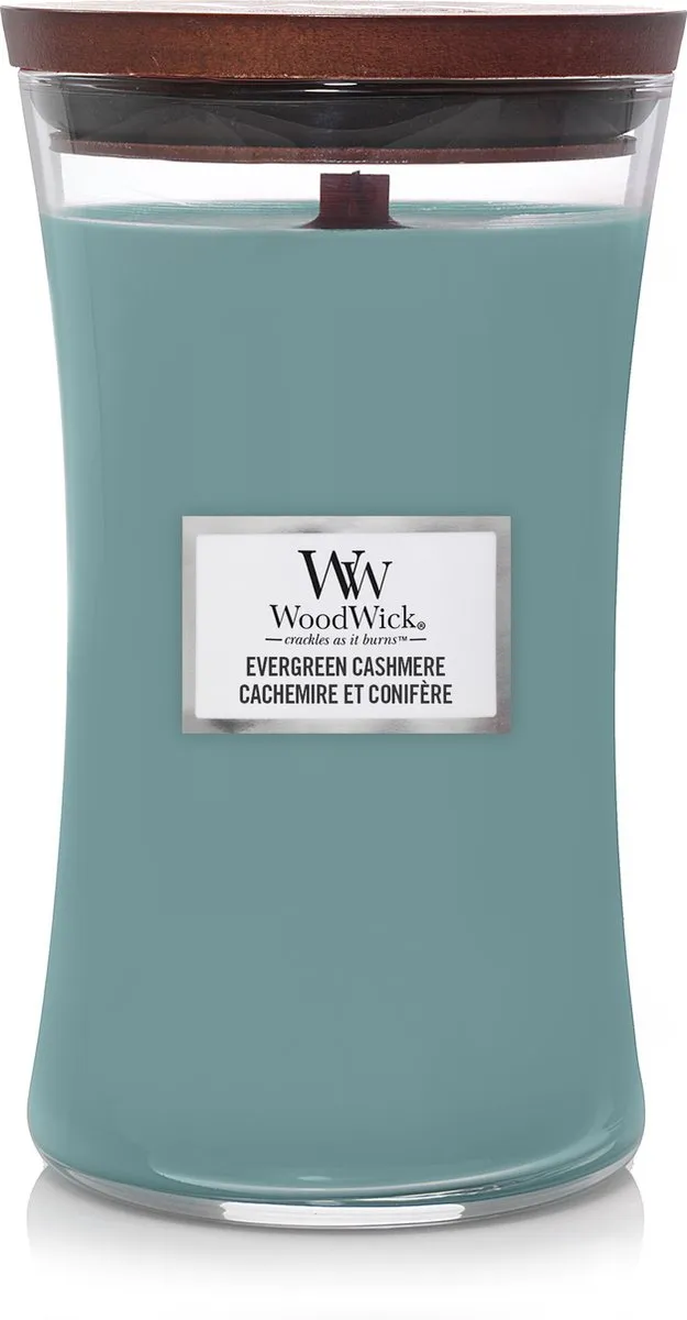 Woodwick Hourglass Large Geurkaars - Evergreen Cashmere - 130 branduren Blauw