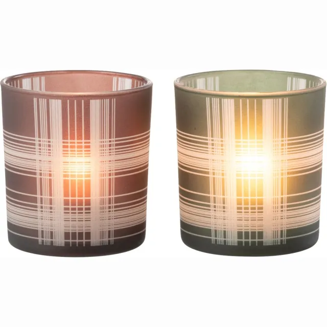 J-Line windlicht Geruit - glas - bruin/groen - small - 2 stuks Bruin - Groen