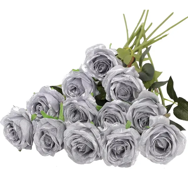 RedParrot Set van 12 Kunst Rozen Zilver - 52CM - Realistisch - Roos Boeket - Bloemen